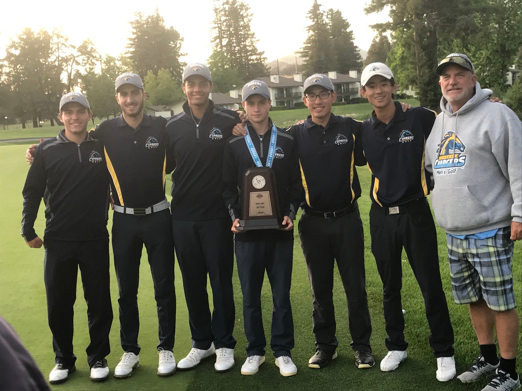 Cypress College Men's Golf Team with CCCAA State Championship 3rd Place Trophy.